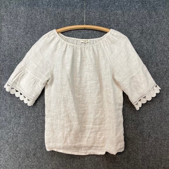 Terzo Millennio Linen Top Small Lace Trim Elastic Neckline Beige - Picture 1 of 8